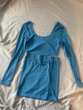 SHEIN Bright Blue Ribbed Scoop-Neck Crop Top & Skirt Set